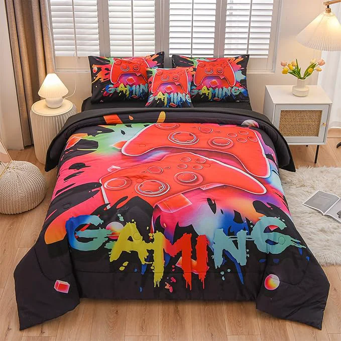 Classic Aimuan Gaming Comforter Sets for Boys Kids Bedding Sets Video Games Console Action Buttons Novelty Colorful Game Gamepad Controller Modern Gamer Room Decor Home Quilt Set Queen 6 Pcs Black Environmentally Friendly