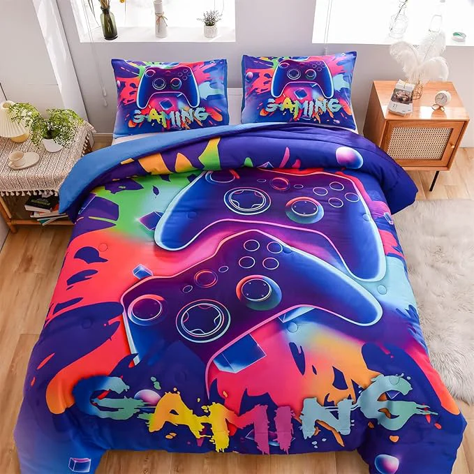 Fashionable Aimuan Gaming Comforter Sets for Boys Kids Bedding Sets Video Games Console Action Buttons Novelty Colorful Game Gamepad Controller Modern Gamer Room Decor Home Quilt Set Twin Purple Carefully Designed