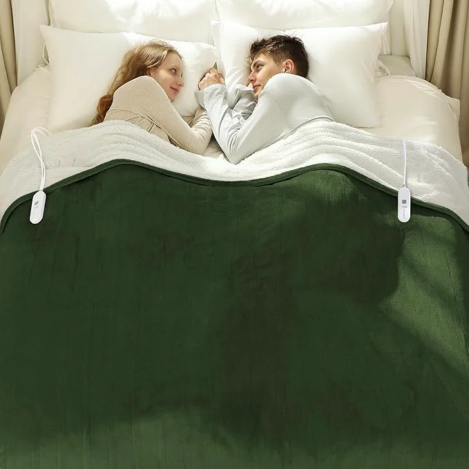 Elegant Heated Blanket Queen 84 quot x 90 quot – Flannel Sherpa Electric Blanket Queen Size with Dual Control 5 Heating Levels amp 10 Hours Auto Off Heating Blanket with Overheat Protection for Home Green Natural