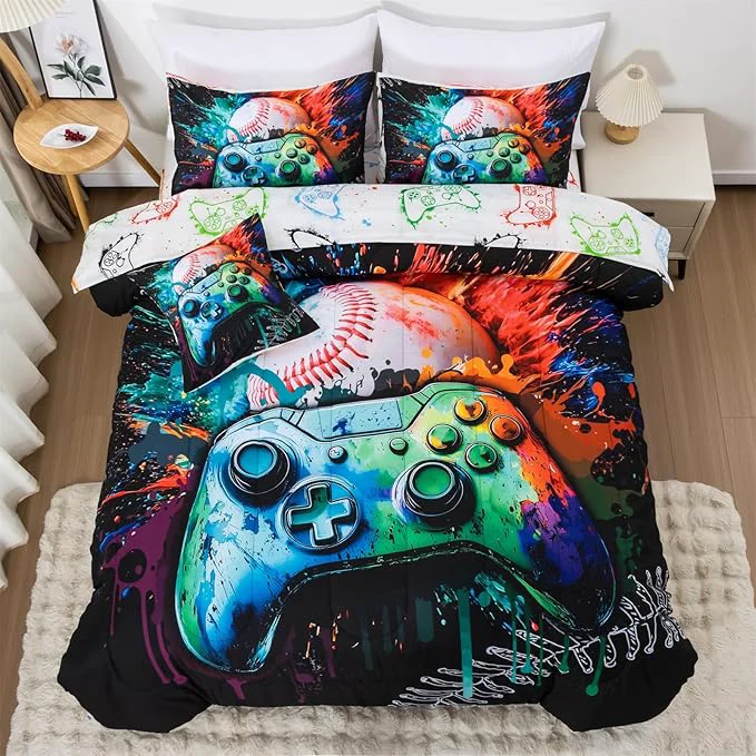 Solid Aimuan Gamer Gaming Bedding Sets 3D Gamepad Comforter Sets for Boys Games Console Action Buttons Novelty Colorful Game Controller Modern Room Decor Home Quilt Set Green Twin 6Pcs Healthy