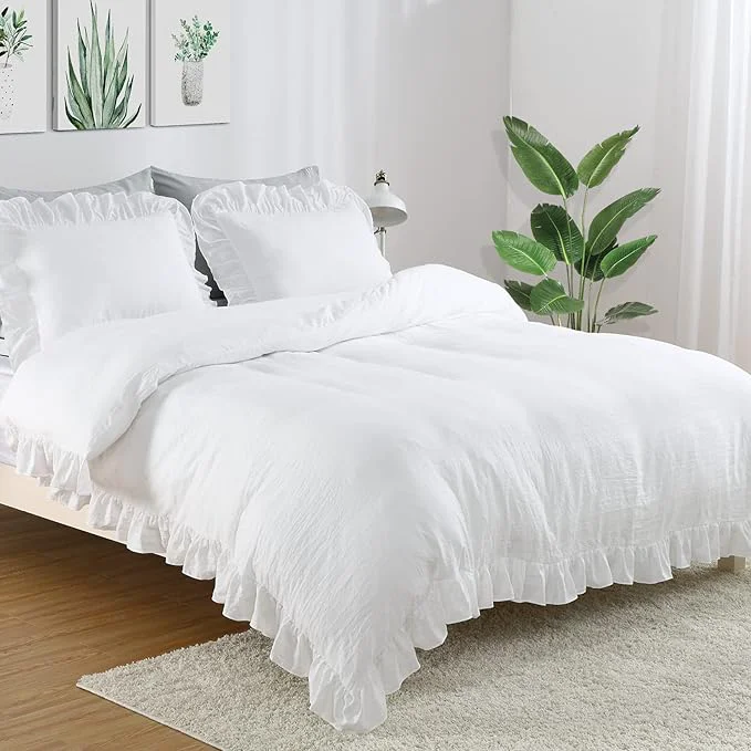 High-Quality White Ruffled Duvet Cover Twin 2PCS Soft Washed Microfiber Vintage French Country Duvet Cover Set for Kids Girls White 68×90 in Trendy