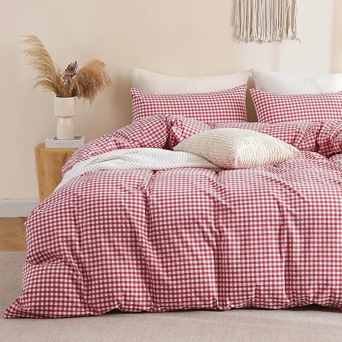 Powerful TOCOMOA Red Gingham Duvet Cover Bedding Set Washed Cotton Like Linen Feel Super Soft Comfortable 3 Piece Cute Plaid Checkered Comforter Cover Set King 104 quot x90 quot Comforter Not Included High-End