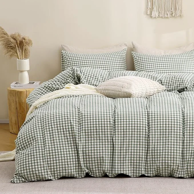 Crafted TOCOMOA Green Gingham Duvet Cover Bedding Set Washed Cotton Like Linen Feel Super Soft Comfortable 3 Piece Vintage Plaid Checkered Comforter Cover Set King 104 quot x90 quot Comforter Not Included Original