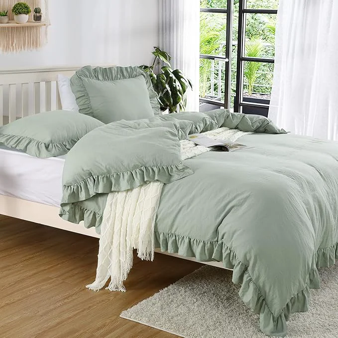 Quality Sage Green Ruffled Duvet Cover Twin 2PCS Soft Washed Microfiber Vintage French Country Duvet Cover Set for Kids Girls Sage Green 68×90 in First-Class