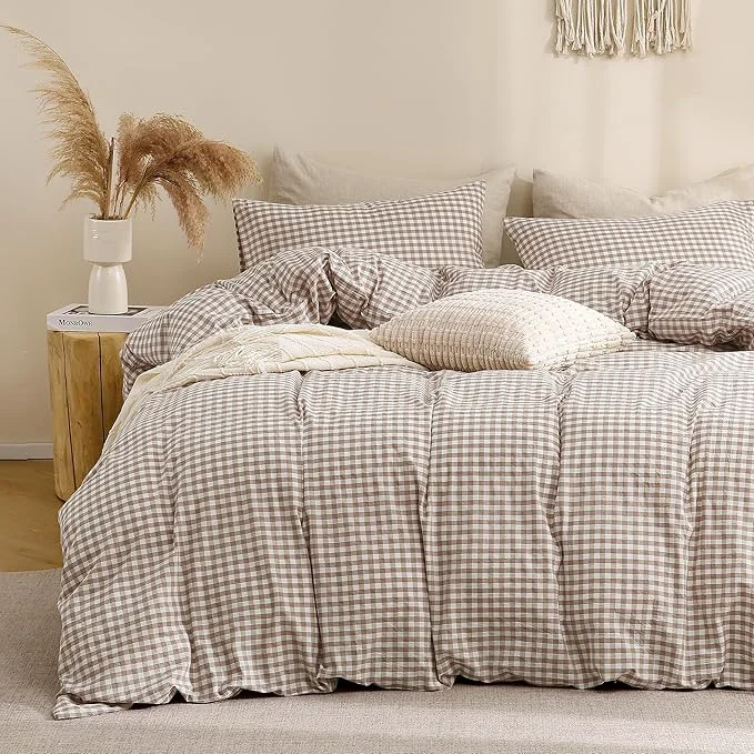 Expertly Made TOCOMOA Tan Gingham Duvet Cover Bedding Set Washed Cotton Like Linen Feel Super Soft Comfy 2 Piece Brown Vintage Plaid Checkered Fall Comforter Cover Set Twin 68 quot x90 quot Comforter Not Included Verified
