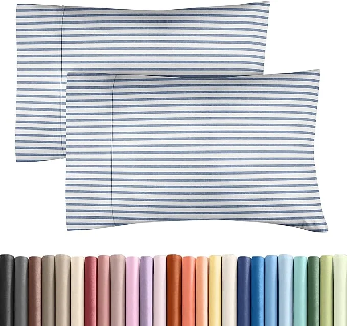 Solid Queen Pillow Cases Set of 2 – Ultra Soft Hotel Quality Pillowcase Covers – Comfy Cozy amp Wrinkle – Shrinkage and Fade Resistant – Machine Washable Pillow Protectors – 2 Piece Set – Blue Stripes 2 Organic