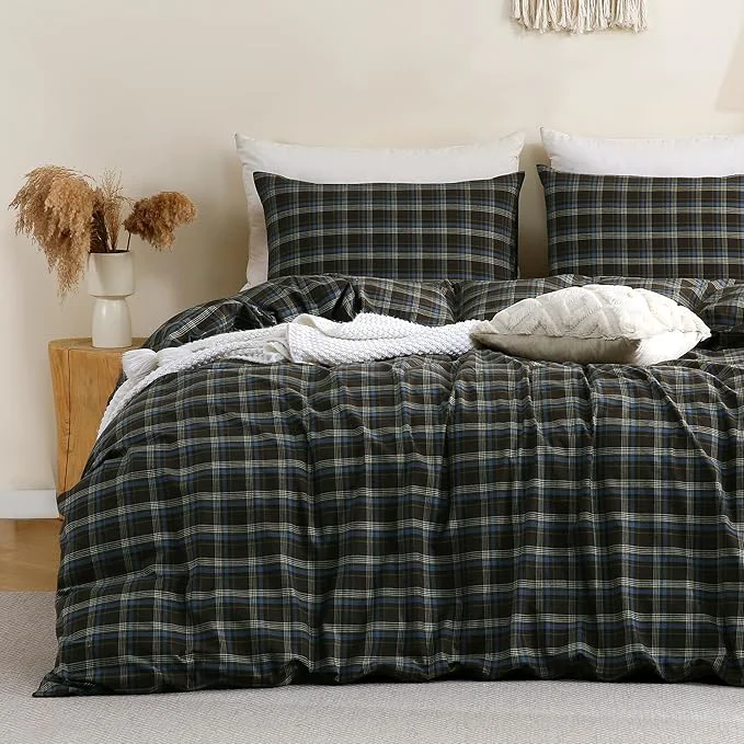 Professional TOCOMOA Buffalo Plaid Duvet Cover Set Washed Cotton Like Linen Feel Super Soft Comfy 3 Piece Brown Blue Gingham Checkered Bedding Comforter Cover Set Queen 90 quot x90 quot Comforter Not Included Exceptional