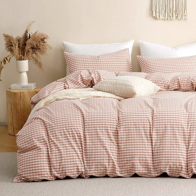 Artisan TOCOMOA Pink Tan Gingham Duvet Cover Bedding Set Washed Cotton Like Linen Feel Super Soft Comfy 3 Piece Vintage Plaid Checkered Fall Comforter Cover Set King 104 quot x90 quot Comforter Not Included High-Performance