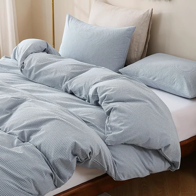 Contemporary TOCOMOA Mini Gingham Blue Duvet Cover Bedding Set Washed Cotton Like Linen Feel Super Soft Comfortable 3 Piece Small Plaid Checkered Comforter Cover Set Queen 90 quot x90 quot Comforter Not Included Elite