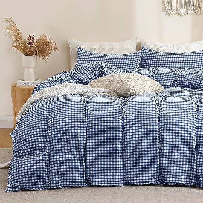Comfortable TOCOMOA Navy Blue Gingham Duvet Cover Bedding Set Washed Cotton Like Linen Feel Super Soft Comfy 3 Piece Dark Blue Plaid Checkered Comforter Cover Set Queen 90 quot x90 quot Comforter Not Included Flexible