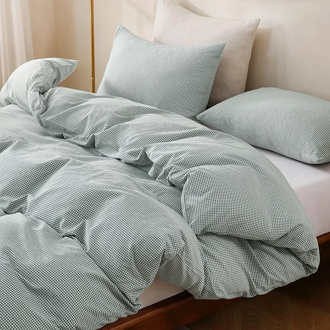 Fashionable TOCOMOA Mini Gingham Green Duvet Cover Bedding Set Washed Cotton Like Linen Feel Super Soft Comfortable 3 Piece Small Plaid Checkered Comforter Cover Set Queen 90 quot x90 quot Comforter Not Included Professional