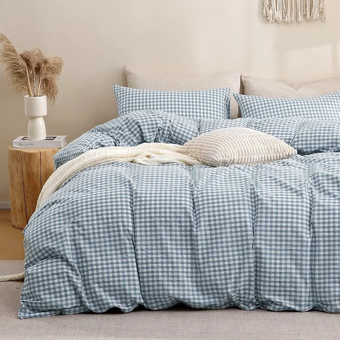 High-Grade TOCOMOA Blue Gingham Duvet Cover Bedding Set Washed Cotton Like Linen Feel Super Soft Comfortable 3 Piece Vintage Plaid Checkered Comforter Cover Set Full 80 quot x90 quot Comforter Not Included World-Class