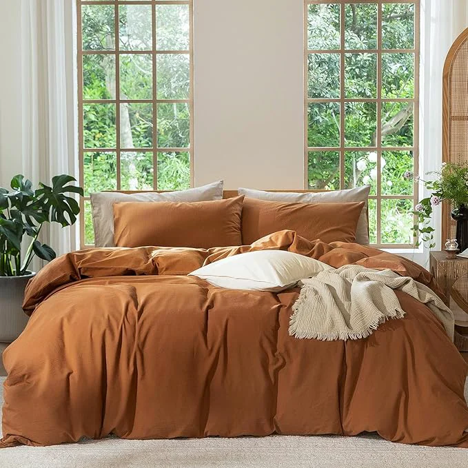 Effective MooMee Bedding Duvet Cover Set Washed Cotton Linen Like Textured Breathable Durable Soft Comfy Solid Dark Orange Super Queen 90 quot x98 quot Healthy