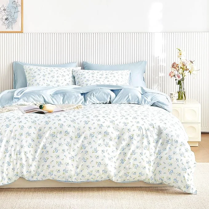 Superior Wake In Cloud – Coquette Duvet Cover Set Floral Cottagecore Flower Shabby Chic Cute Aesthetic Soft Lightweight Bedding for Women Teen Girls 3-Piece White Blue Queen Size Solid