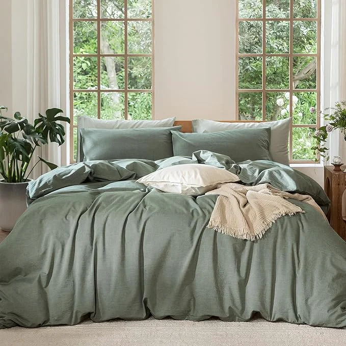 Sophisticated MooMee Bedding Duvet Cover Set Washed Cotton Linen Like Textured Breathable Durable Soft Comfy Heathered Green Super Queen 90 quot x98 quot Modern