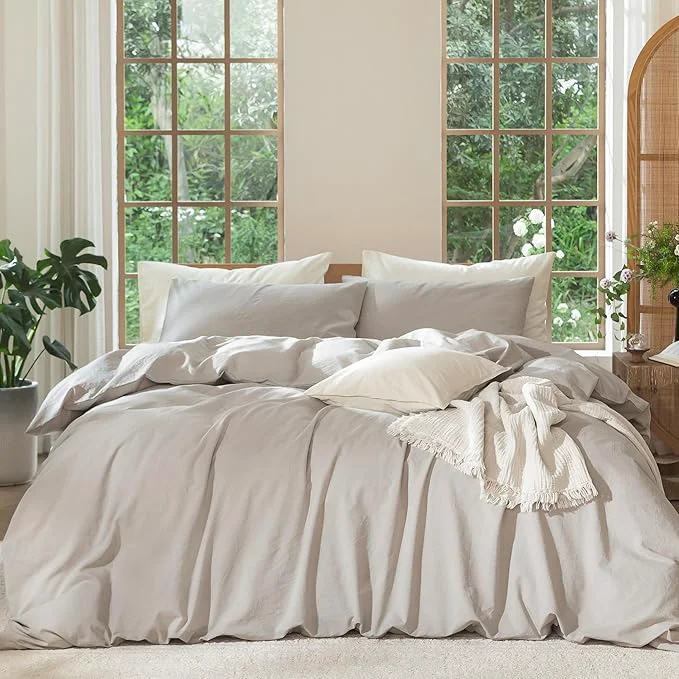 First-Class MooMee Bedding Duvet Cover Set Washed Cotton Linen Like Textured Breathable Durable Soft Comfy Heathered Cream Grey Super Queen 90 quot x98 quot Versatile