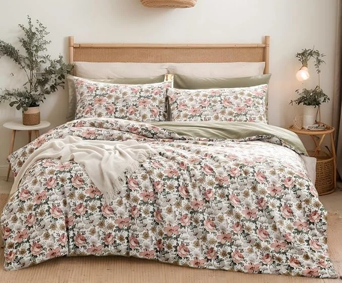 Effective SLEEPBELLA Duvet Cover King 600 Thread Count Cotton Pink amp Yellow amp Beige Floral Pattern Printed on White，Mustard Green Reversible Comforter Cover King Green Floral Superior
