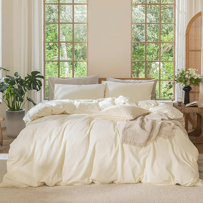 Proven MooMee Bedding Duvet Cover Set Washed Cotton Linen Like Textured Breathable Durable Soft Comfy Solid Cream White Super King Plus 120 quot x120 quot Traditional