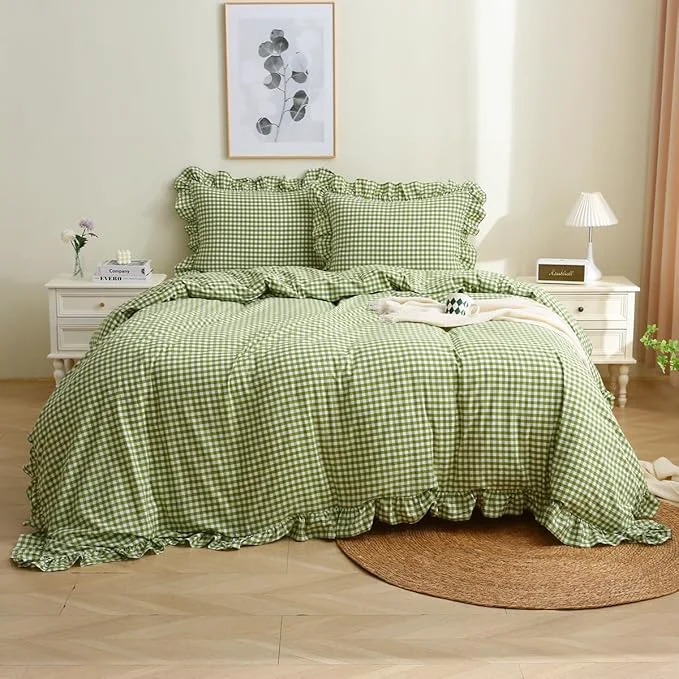 High-Performance Olive Green White Checkered Ruffle 3-Piece Duvet Cover Set Queen Size Washed Cotton Shabby Gingham Plaid Bedding Set Farmhouse Comforter Set Queen Olive Green Versatile