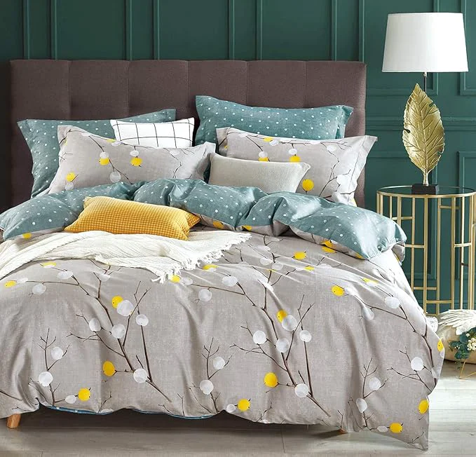 Specialty SLEEPBELLA Duvet Cover King 600 Thread Count Cotton Grey Branch with Yellow Turquoise Polka Dot Pattern Green Reversible Comforter Cover King Grey Branches Innovative