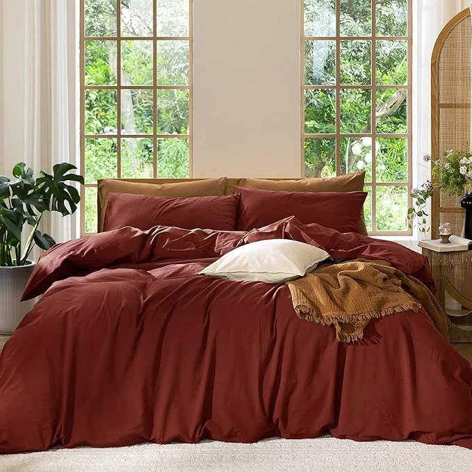 Genuine MooMee Bedding Duvet Cover Set Washed Cotton Linen Like Textured Breathable Durable Soft Comfy Solid Fired Brick Red Oversized Queen 98 quot x98 quot Exceptional