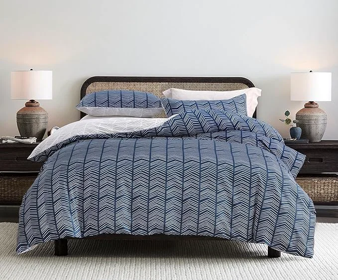 First-Class SLEEPBELLA Navy and White Duvet Cover Set Cotton Bedding Chevron Geometric Pattern with Button Closure 3pcs Twin Size Quality