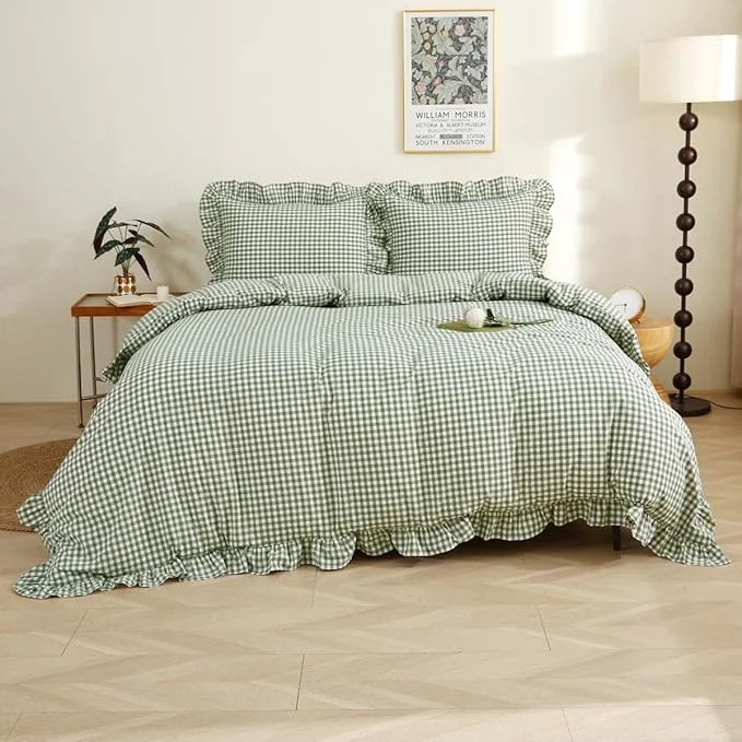 Genuine Sage Green White Plaid Ruffle Duvet Cover Twin Size Washed Cotton 3 Pcs Vintage Checkered Chic Gingham Farmhouse Bedding Set Comforter Cover Set Premium Material