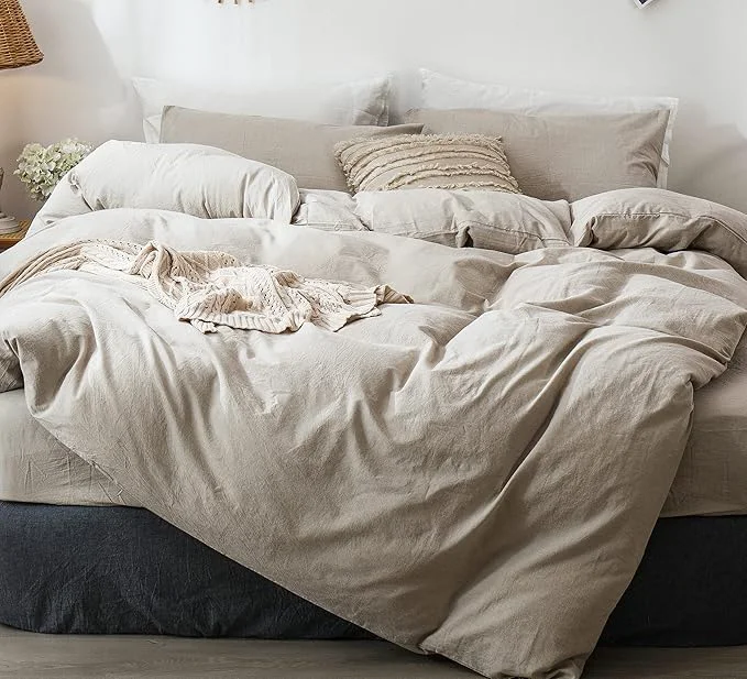 Original Design MooMee Bedding Duvet Cover Set Washed Cotton Linen Like Textured Breathable Durable Soft Comfy Heathered Tannish Linen Grey Twin 68 quot x90 quot User-Friendly