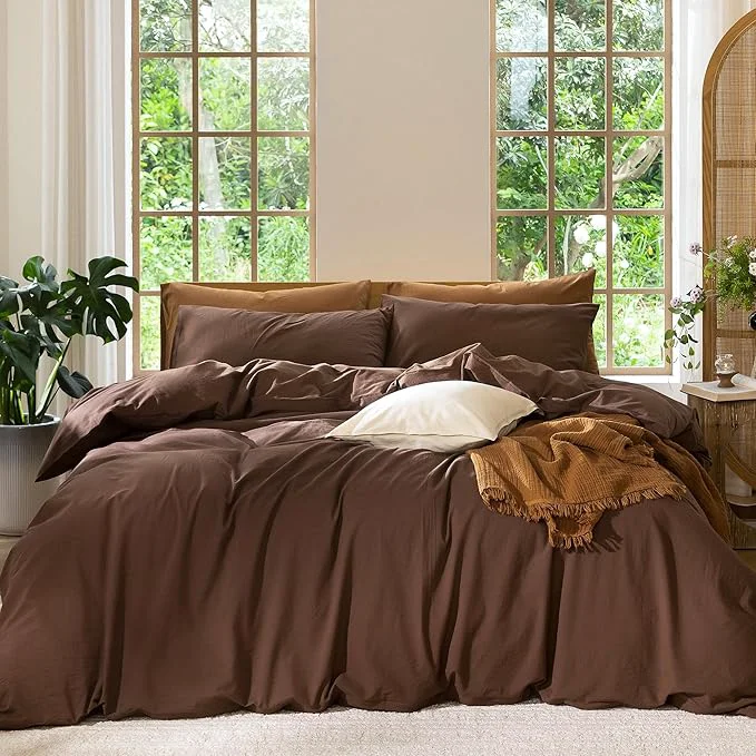 MooMee Bedding Duvet Cover Set Washed Cotton Linen Like Textured Breathable Durable Soft Comfy Solid Cocoa Brown Full 80 quot x90 quot Healthy