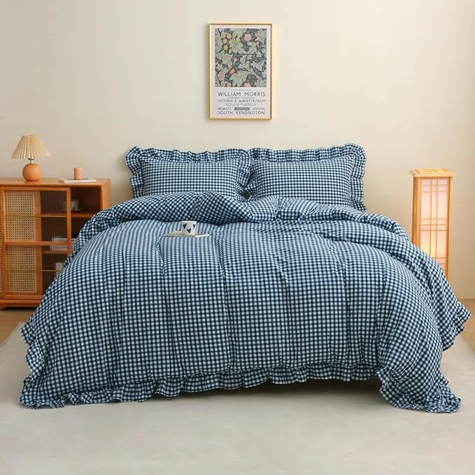 Modern Navy Blue White Plaid Ruffle 3-Piece Duvet Cover Set King Size Washed Cotton Shabby Gingham Checkered Bedding Set Vintage Comforter Set Carefully Designed