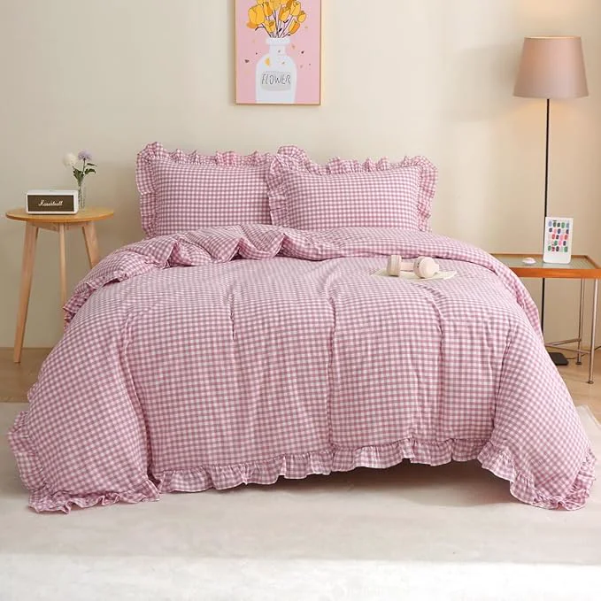Dependable Vintage Pink White Plaid Ruffle 3-Piece Duvet Cover Set King Size Washed Cotton Shabby Gingham Checkered Bedding Set Farmhouse Comforter Set Trendy