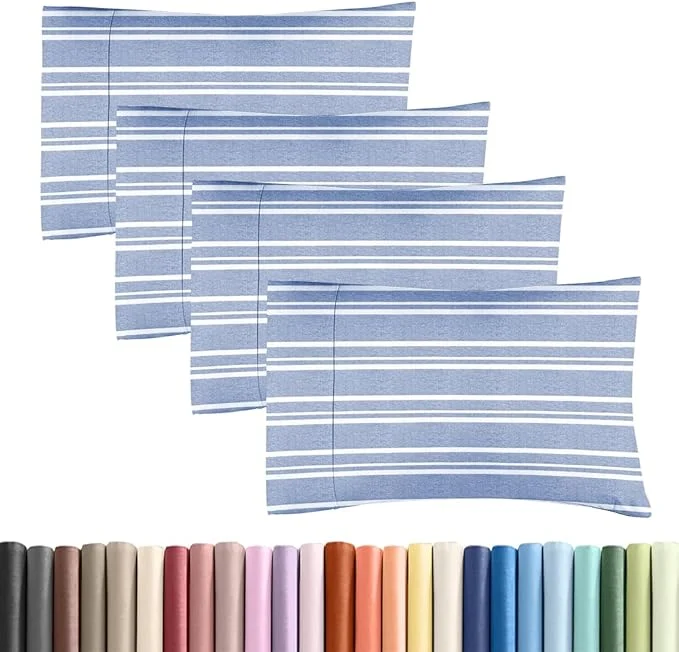 Clean Standard Pillow Cases Set of 4 – Soft Hotel Quality Pillowcase Covers – Comfy Cozy Bedding for Women Men Kids amp Teens – Machine Washable Pillow Protectors – 4 Piece – Standard Size Blue Stripes Solid