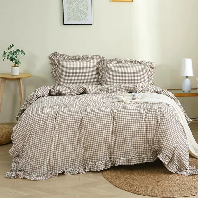 Stylish Taupe White Plaid Ruffle Duvet Cover King Size Washed Cotton 3 Pcs Vintage Checkered Chic Gingham Bedding Set Comforter Cover Set Versatile