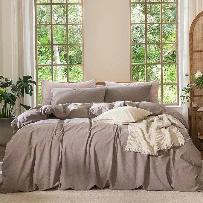 Easy-to-Use MooMee Bedding Duvet Cover Set Washed Cotton Linen Like Textured Breathable Durable Soft Comfy Heathered Mauve Brown Alaska King 132 quot x120 quot Contemporary