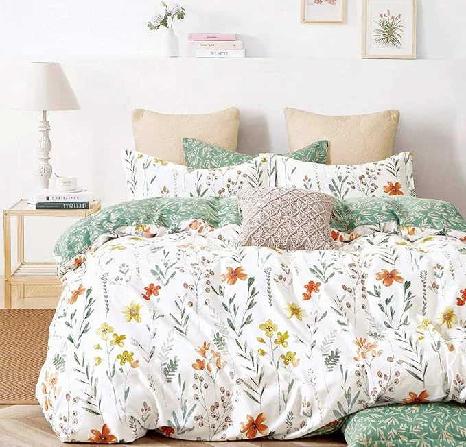 Natural SLEEPBELLA Duvet Cover Set 600 Thread Count Cotton Bedding Set Full White amp Green Floral Easy-to-Use