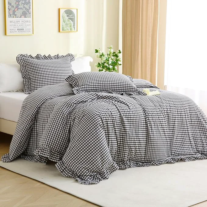 Artisan Black White Checkered Ruffle 3-Piece Duvet Cover Set Queen Size Washed Cotton Shabby Gingham Plaid Bedding Set Farmhouse Comforter Set Queen Black White Refined