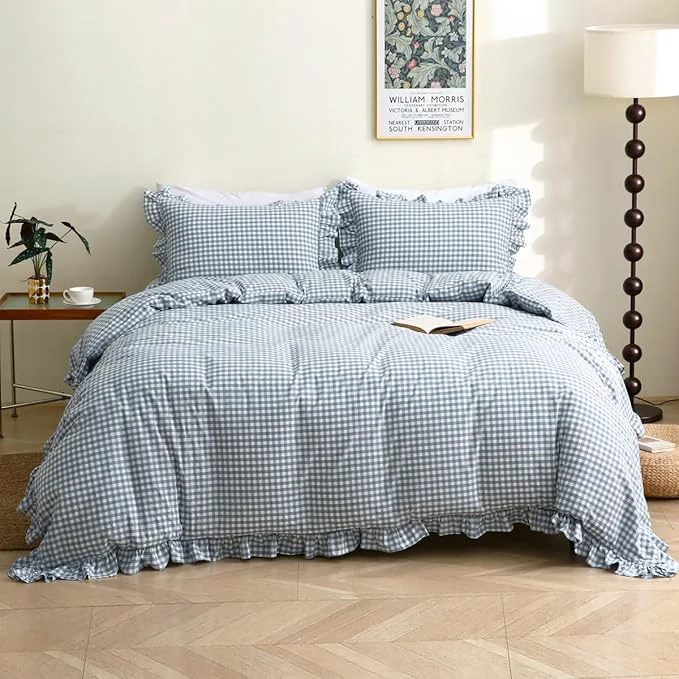 Sustainable Light Blue White Plaid Ruffle Duvet Cover Full Size Washed Cotton 3 Pieces Shabby Checkered Chic Gingham Bedding Set Comforter Cover Set Detailed