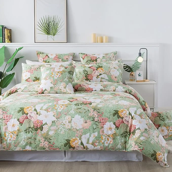 High-Quality FADFAY Girls Floral Duvet Cover Set Twin Cotton Bedding 600 TC Mint Green and White Flower Elegant Garden Lily Printed Comforter Cover Zipper Corner Ties Soft Bed Cover 3 Pcs Prestigious