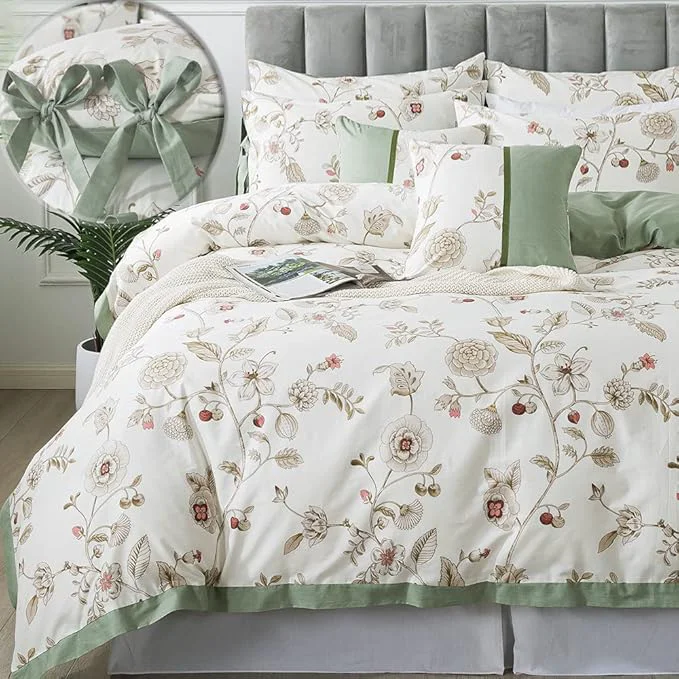 Versatile FADFAY Floral Bedding Set Twin Cotton Shabby and Chic Beige Green Reversible Duvet Cover Vintage Pink Flower Print Bed Covers Girls Kids Pretty Bowknot Soft Crisp Zipper Comforter Cover 3Pcs Clean