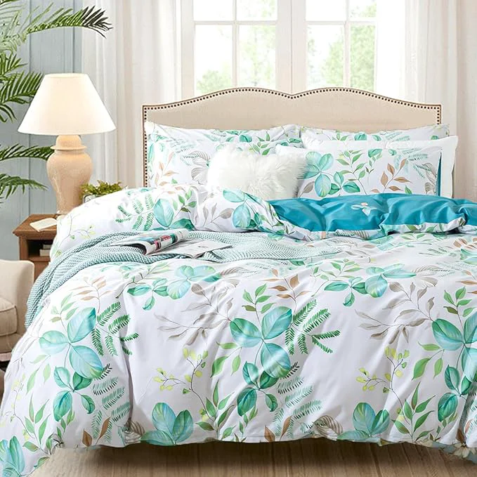 Authentic FADFAY Botanical Duvet Cover Sets King Cal King Size Cotton Teal Green Leaves Patterned Comforter Cover Aesthetic Bedding for All Season Soft Crisp Modern Bed Cover with Zipper 3 Pcs King Selected