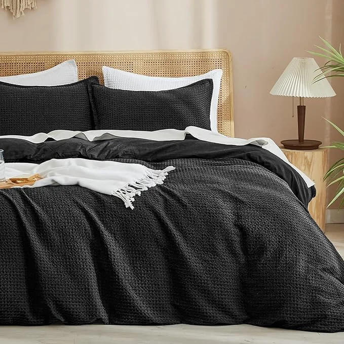 Specialty PHF Waffle Weave Duvet Cover Set California King No Snagging Ultra Soft Luxury Textured Breathable Comforter Cover for All Season 3pcs Durable Bedding Duvet Set with 2 Pillow Shams 104 quot x98 quot Black Verified