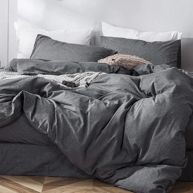 Solid MooMee Bedding Duvet Cover Set Washed Cotton Linen Like Textured Breathable Durable Soft Comfy Heathered Dark Grey Alaska King 132 quot x120 quot Casual