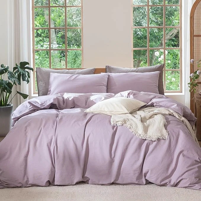 Expertly Made MooMee Bedding Duvet Cover Set Washed Cotton Linen Like Textured Breathable Durable Soft Comfy Heathered Light Purple Palatial King Oversized King 120 quot x98 quot Long-Lasting