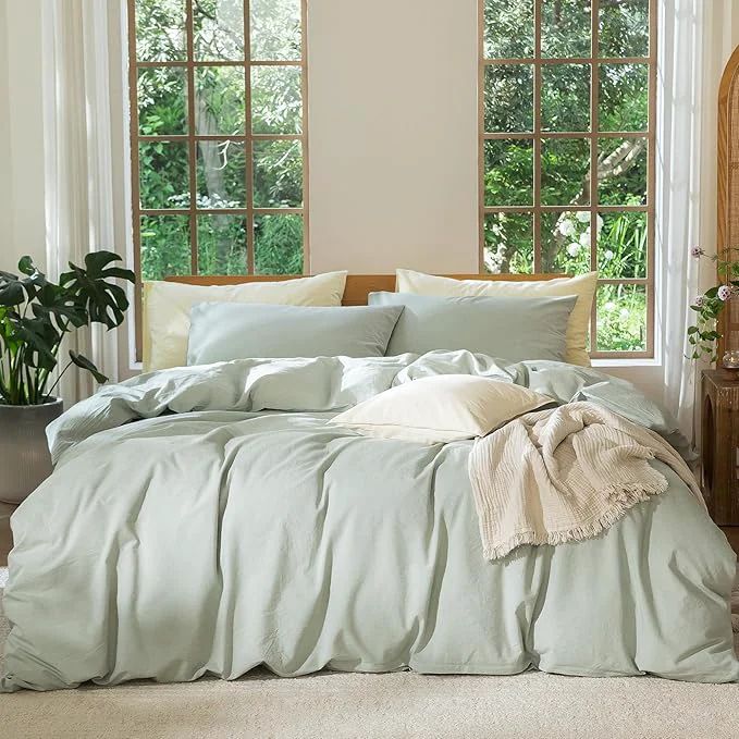 Detailed MooMee Bedding Duvet Cover Set Washed Cotton Linen Like Textured Breathable Durable Soft Comfy Heathered Sage Green Twin 68 quot x90 quot Certified