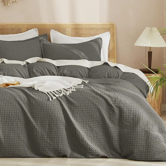 Flexible PHF Waffle Weave Duvet Cover Set Queen Size No Snagging Ultra Soft Luxury Textured Breathable Comforter Cover for All Season 3pcs Durable Bedding Duvet Set with 2 Pillow Shams 90 quot x90 quot Grey Eco-Friendly