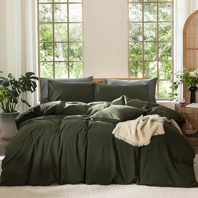 Smooth MooMee Bedding Duvet Cover Set Washed Cotton Linen Like Textured Breathable Durable Soft Comfy Solid Olive Green Super King 108 quot x98 quot Functional