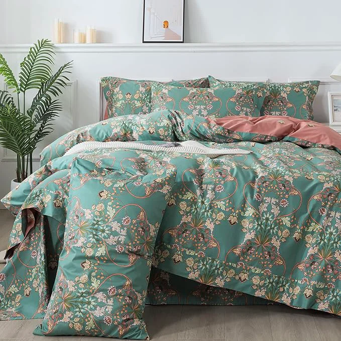 Sustainable FADFAY Twin XL Duvet Cover Set Button Closure Floral Bedding Set Cotton College Bedding Dorm Room School Reversible Blue Orange Vintage Comforter Cover Soft Luxury 3Pcs Twin Extra Long Environmentally Friendly