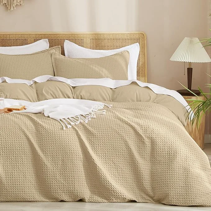 Modern PHF Waffle Weave Duvet Cover Set Queen Size No Snagging Ultra Soft Luxury Textured Breathable Comforter Cover for All Season 3pcs Durable Bedding Duvet Set with 2 Pillow Shams 90 quot x90 quot Khaki Trendy