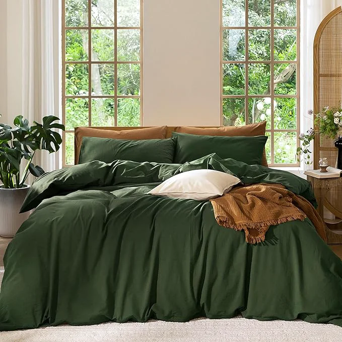 Elegant MooMee Bedding Duvet Cover Set Washed Cotton Linen Like Textured Breathable Durable Soft Comfy Solid Forest Green Super Queen 90 quot x98 quot Clean