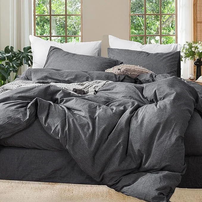Fine MooMee Bedding Duvet Cover Set Washed Cotton Linen Like Textured Breathable Durable Soft Comfy Heathered Dark Grey Full 80 quot x90 quot Proven